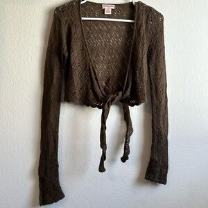 Guess Jeans  Crochet Cardigan Tie Front Long Sleeve Knit Sweater Size S/P Brown